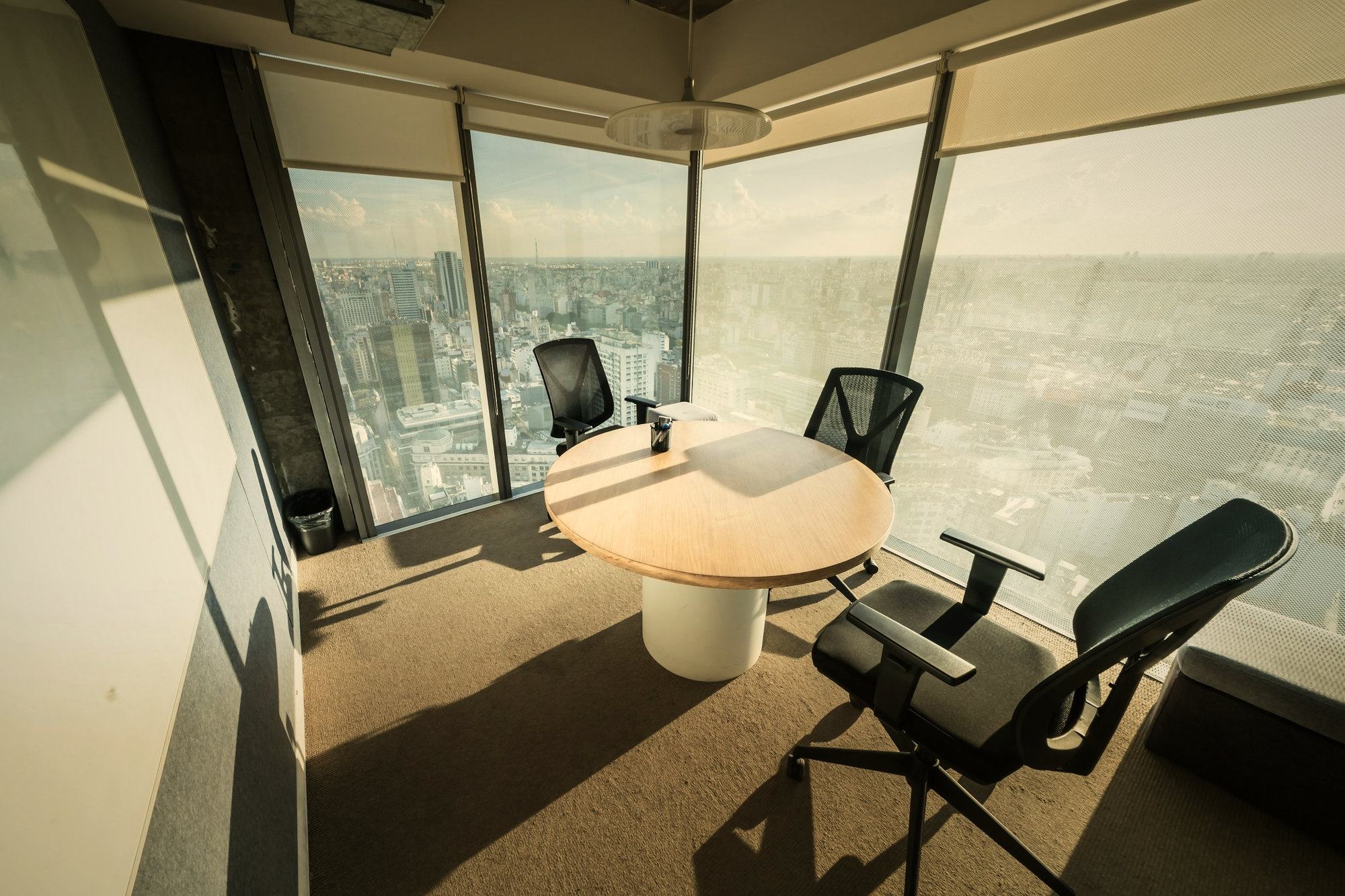 A conference room with a city view